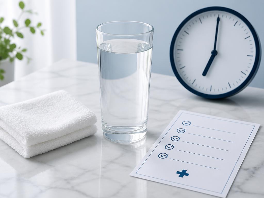 A calm fasting preparation scene with a glass of water, a clock, and a checklist on a clean surface